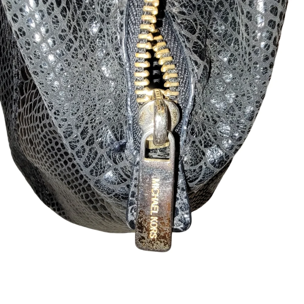 Michael Kors LG Patent Leather Snake Embossed Black Handbag W/Signature Hardware